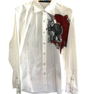 Mens Toku White Long Sleeve Button-Up Shirt With Red & Black Graphic Design Size